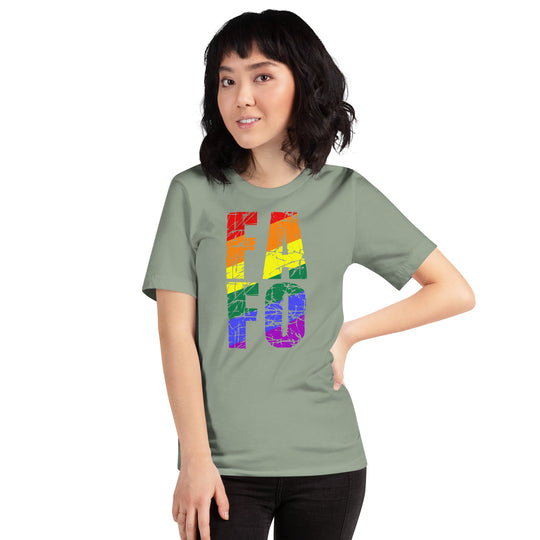 Unisex t-shirt with bold rainbow FAFO graphic, soft and lightweight fabric.