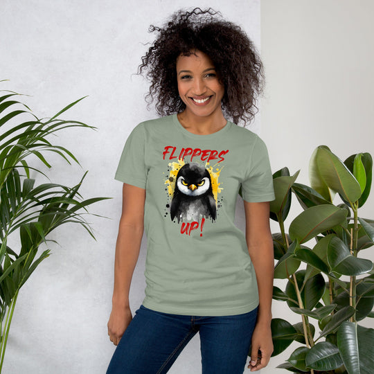 Flippers Up Unisex t-shirt featuring a playful penguin design, soft and lightweight, suitable for all sizes.