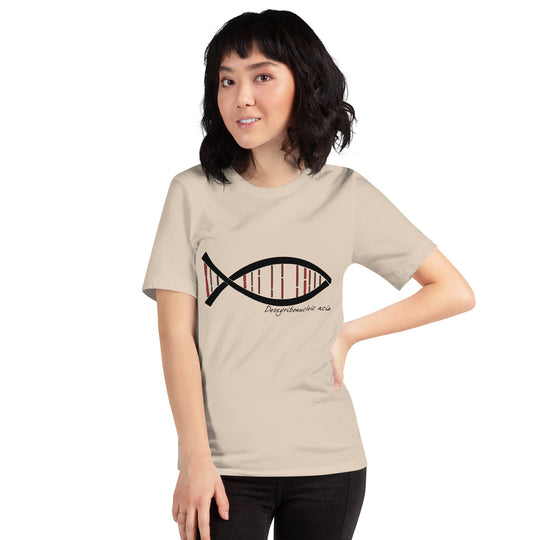 Unisex t-shirt featuring a DNA fish design, blending science and style.