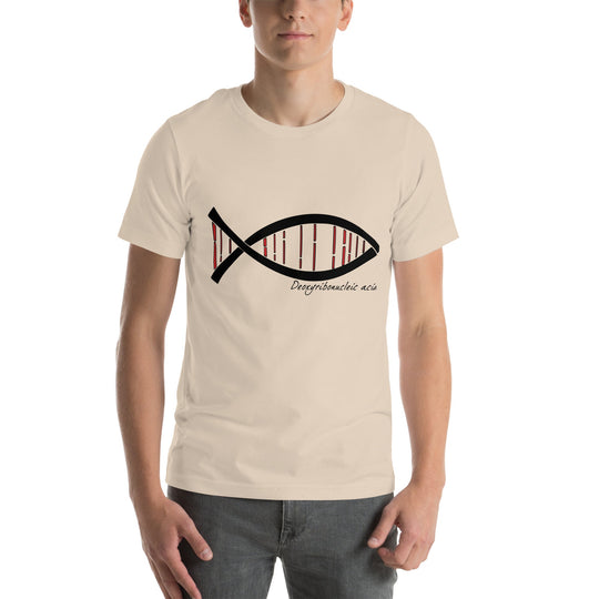 Unisex T-shirt featuring DNA fish design, science-themed, comfortable fabric.