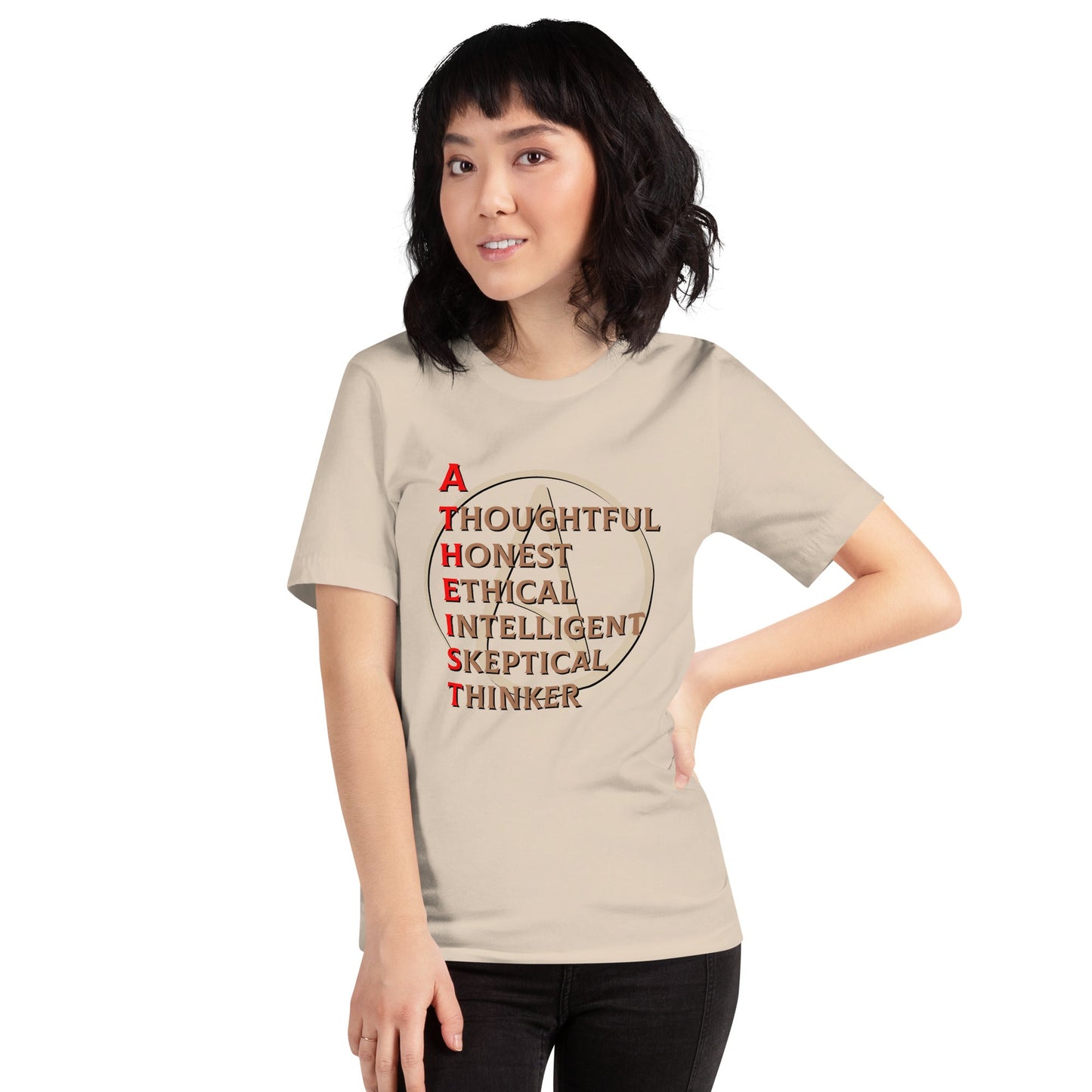 Unisex t-shirt with atheist design, featuring words: "Thoughtful, Honest, Ethical, Intelligent, Skeptical, Thinker."