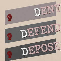 Deny Defend Depose unisex t-shirt with red resist fists and gray angled bars design.