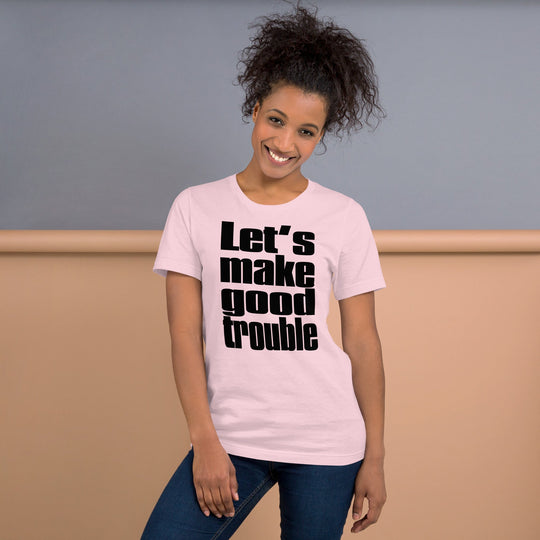 Unisex black t-shirt featuring "Good Trouble" quote by Senator Cory Booker, soft lightweight fabric, benefiting progressive causes.
