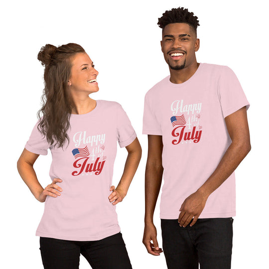 Unisex t-shirt with "Happy Fourth of July" design celebrating Independence Day, featuring soft, lightweight cotton, worn by individuals.