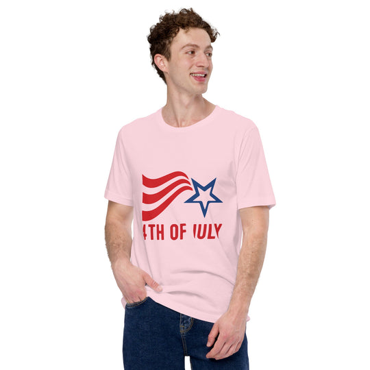 Unisex t-shirt with Fourth of July stripes and star design, celebrating Independence Day.