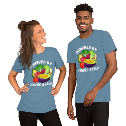 Unisex t-shirt featuring a vibrant "Powered by Veggies & Fruit" design, showcasing colorful produce graphics.