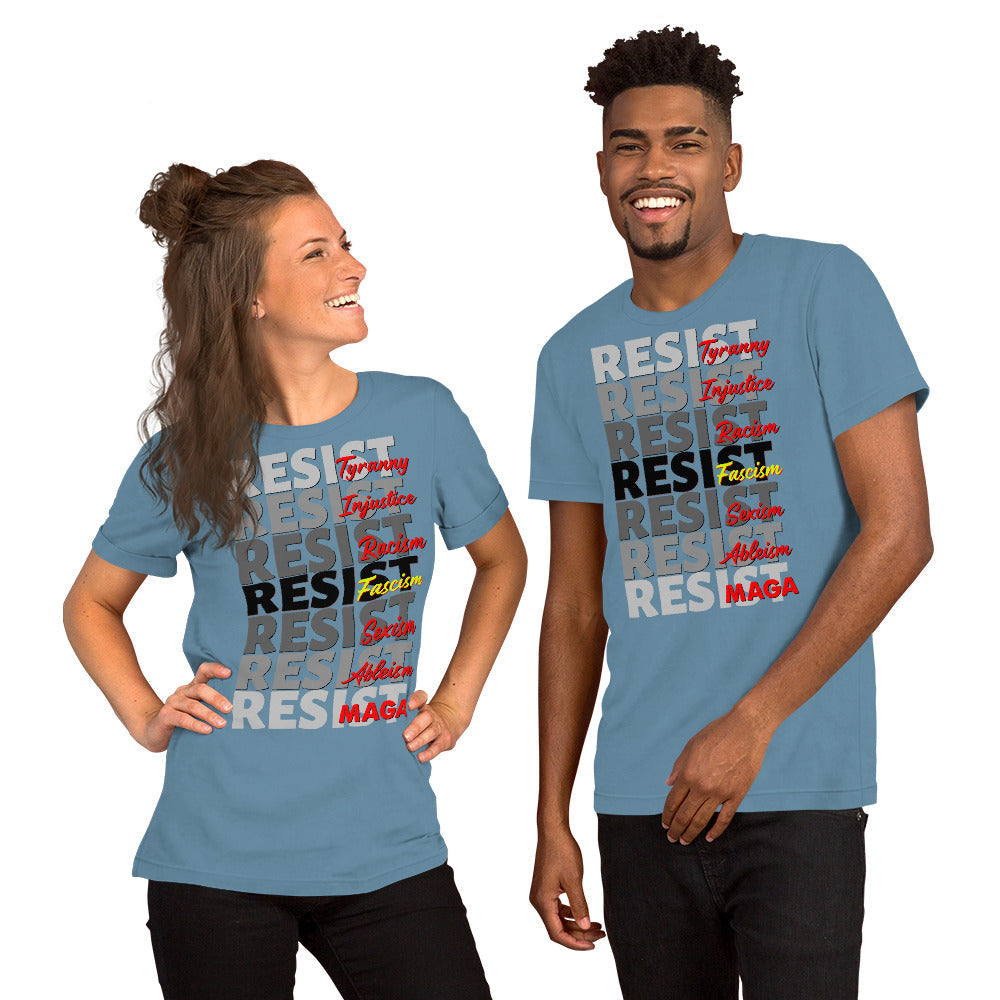 Unisex T-shirt with "Resist" in gray and bold terms like "Injustice," "Racism," and others in red and yellow.