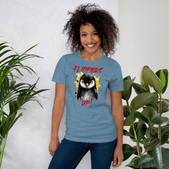 Unisex t-shirt with "Flippers Up" graphic, comfortable fit, displayed by a person standing near plants.