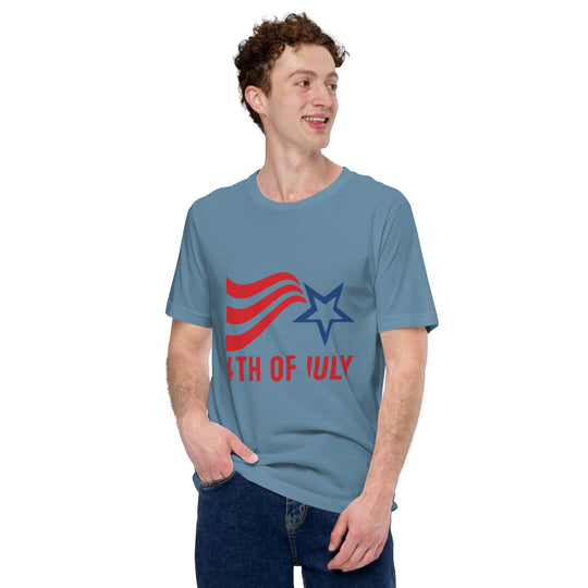 Unisex Fourth of July T-shirt with red and blue stripes and star design.