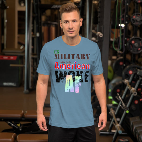 Unisex t-shirt for ex-military and woke individuals in gym setting.