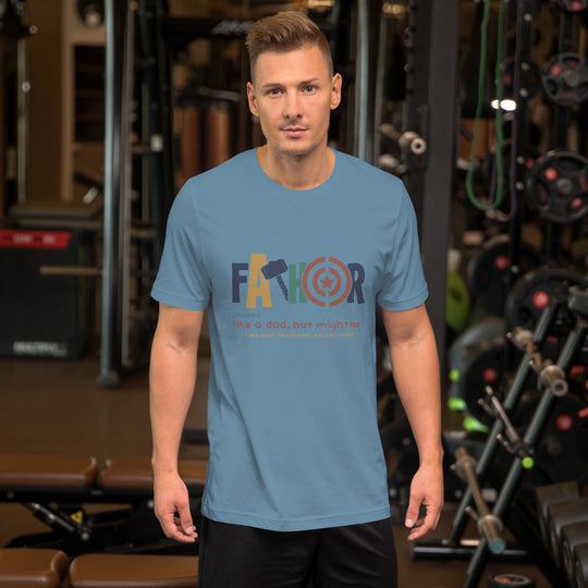 Unisex dark t-shirt with "Fathor - Like a dad, but mightier" print worn by a man in a gym setting.