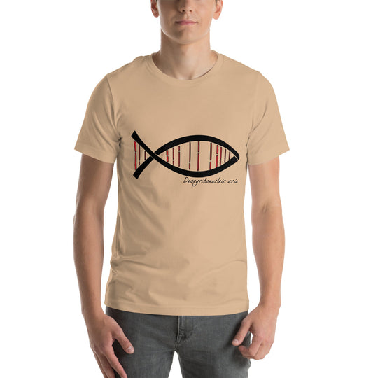 Unisex t-shirt featuring a DNA fish design, symbolizing science and rationality.