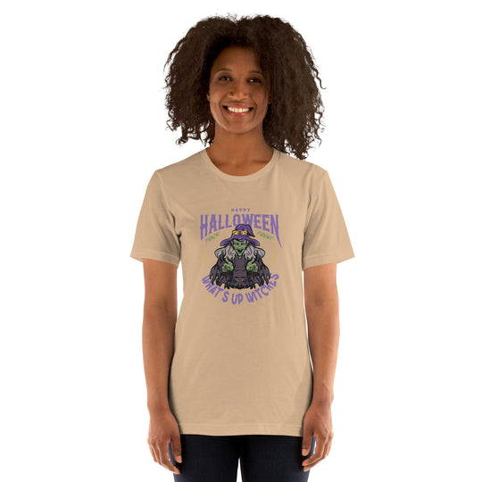Unisex t-shirt with "What's up witches" Halloween design, worn by a person, showcasing soft, lightweight fabric.