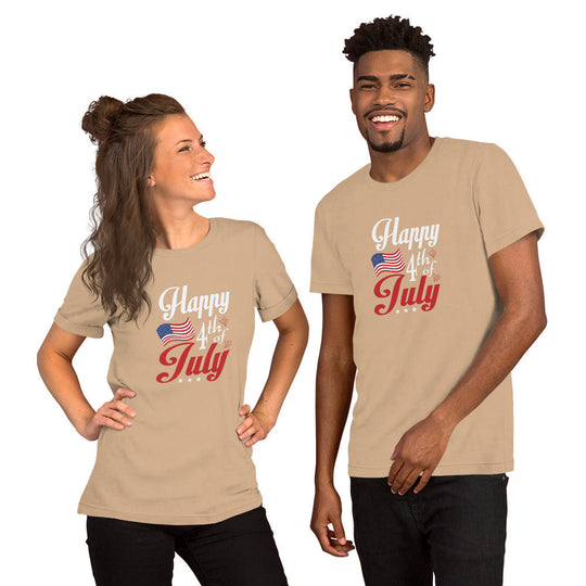Unisex t-shirt with "Happy Fourth of July" design, featuring American flag motif.
