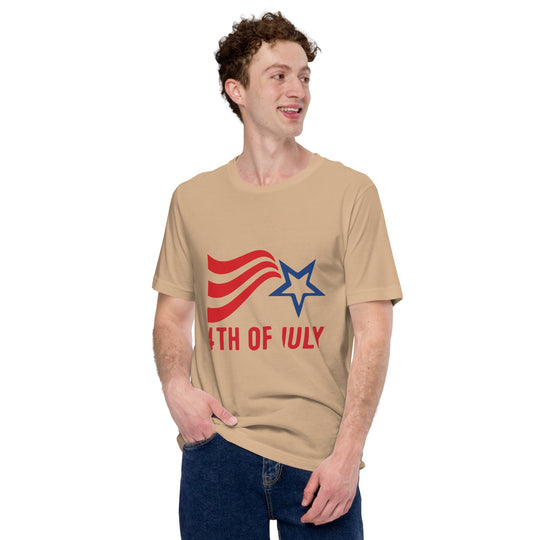Unisex Fourth of July t-shirt with red stripes and blue star design.