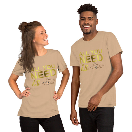 Unisex t-shirt with "All you need is cats" text design, worn by smiling models.