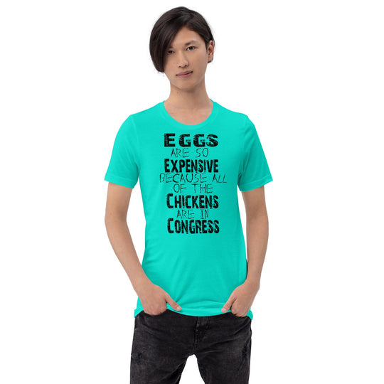 Black unisex t-shirt with humorous Congress chicken quote, soft and lightweight fabric.