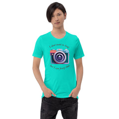 Unisex t-shirt with camera graphic and "I don't want to brag, but I can freeze time" text.