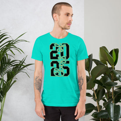 Unisex T-shirt featuring "Class of 2026" vertical design, soft turquoise fabric.