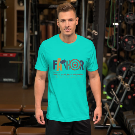 Man wearing a light unisex "Fathor - Like a dad, but mightier" t-shirt in a gym setting.