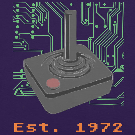 Established 1972 with circuit board and Atari CX40 joystick Unisex t-shirt