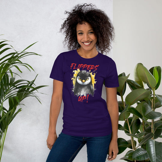 Unisex t-shirt with "Flippers Up" graphic, soft purple fabric, casual fit.