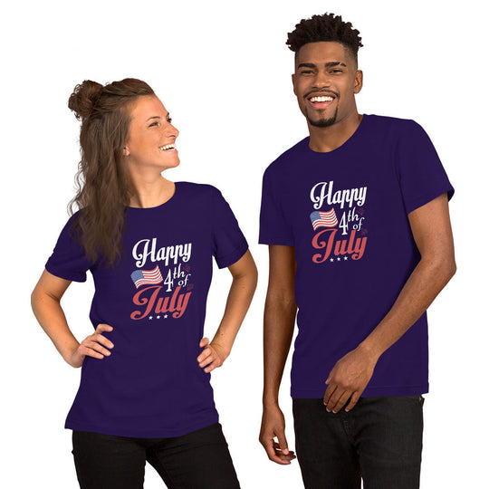 Unisex t-shirt with "Happy Fourth of July" design, perfect for celebrating Independence Day.