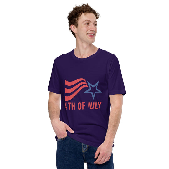 Unisex Fourth of July t-shirt with red, white, and blue stripes and star graphic.