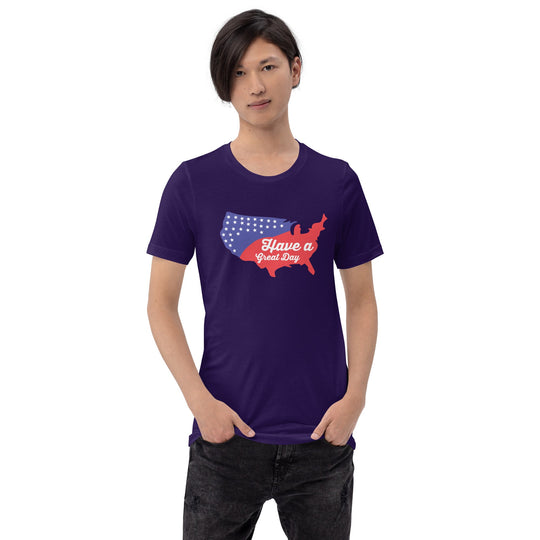 Unisex t-shirt with "Have a great day" design featuring a USA map, soft and lightweight fit.