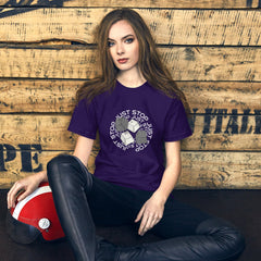 Unisex t-shirt with "Just Stop" key caps design, purple color, casual wear.