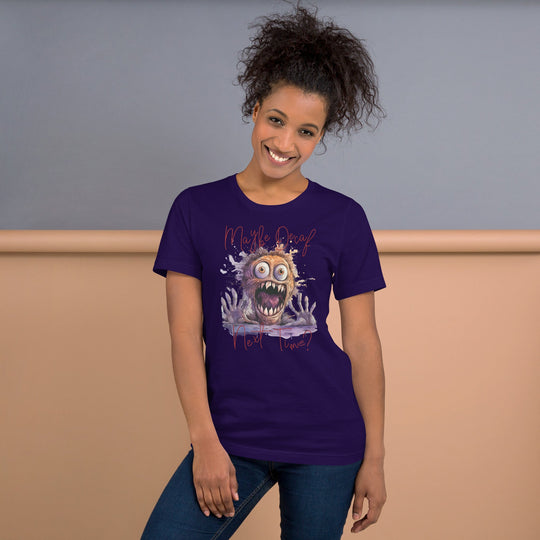 Unisex t-shirt with a humorous monster graphic and text "Perhaps Decaf Next Time?" in purple, worn by a smiling person.