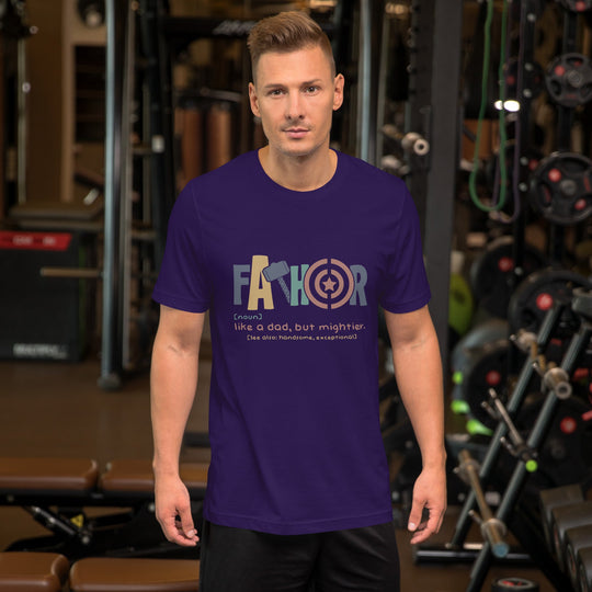 Unisex dark t-shirt with "Fathor - Like a dad, but mightier" text, worn by a person in a gym setting.