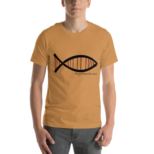 Unisex t-shirt featuring a DNA fish design in mustard color, symbolizing scientific curiosity.