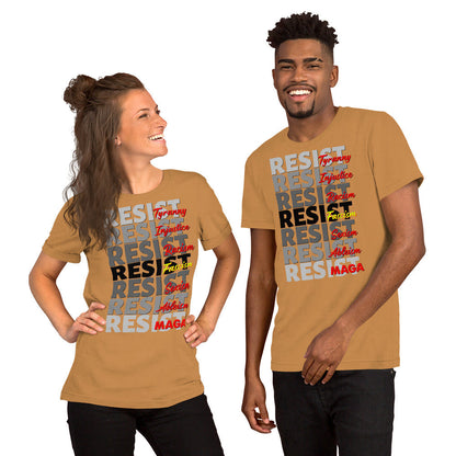 Unisex t-shirts featuring "Resist" design with social justice terms, promoting equality and freedom.