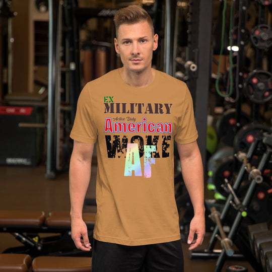 Ex Military Woke AF Unisex T-shirt in gym setting.
