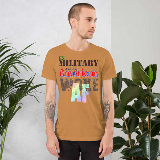 Unisex t-shirt for ex-military, "Woke AF" design on dark shirt, model in casual setting.