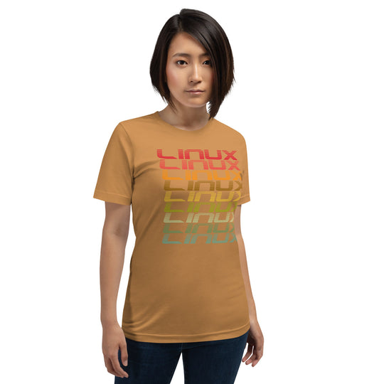Multicolor unisex t-shirt featuring Linux operating system design, worn by a model.