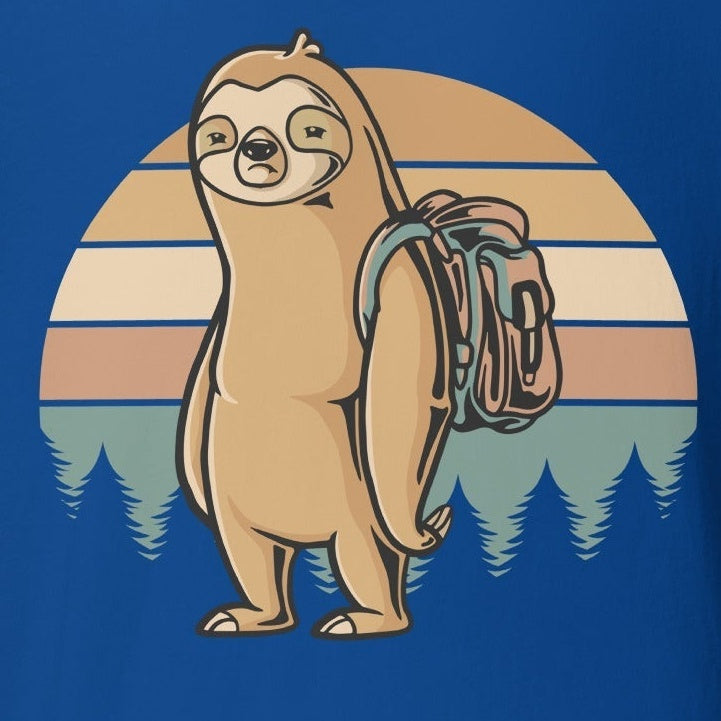 Sloth hiking unisex t-shirt design featuring sloth with backpack.