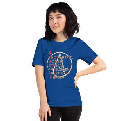 Atheist spelled out unisex t-shirt with thoughtful, honest, ethical, intelligent, skeptical thinker text.