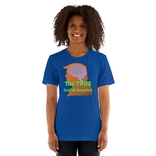 Unisex t-shirt with "The TRUE Gulf of America" print, blue, comfortable cotton.