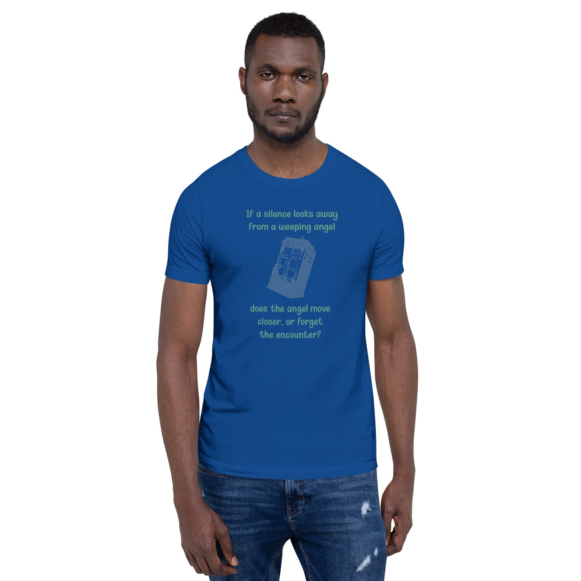 Dr Who Silence vs Weeping Angel unisex t-shirt featuring a silhouette of a Weeping Angel and a Silence, with a question mark design, in blue.