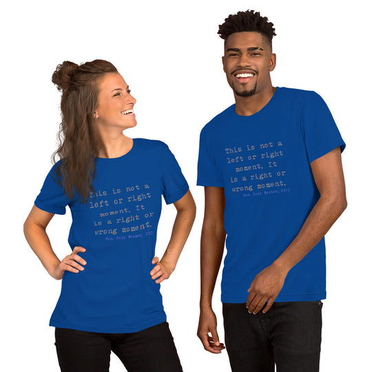 Unisex t-shirt with quote from Senator Cory Booker’s speech, featuring a blue design, worn by smiling male and female models.