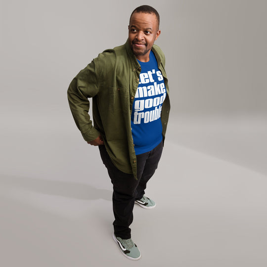 Unisex t-shirt featuring quote about making good trouble, inspired by a filibuster speech; soft, lightweight, and comfortable for all.