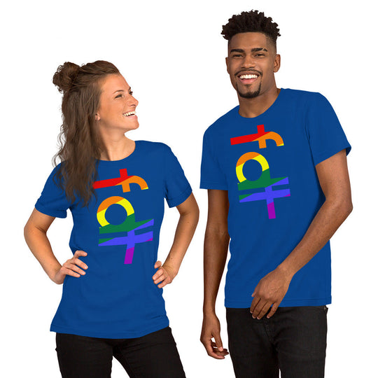 Unisex t-shirt with fdt pride colors design, worn by two models.
