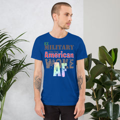 Unisex t-shirt for ex military veterans with "Woke AF" print, perfect for dark shirts.
