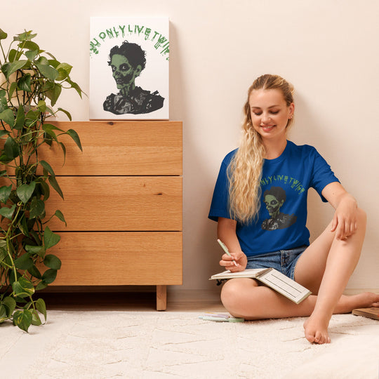 Vintage zombie unisex t-shirt with "You Only Live Twice" design, shown in a cozy room setting.