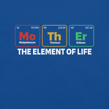 Dark unisex t-shirt featuring "Mother - the Element of Life" design with periodic table elements.