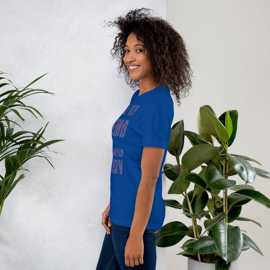 Unisex t-shirt with 'I am not Weird' in purple text, side view.