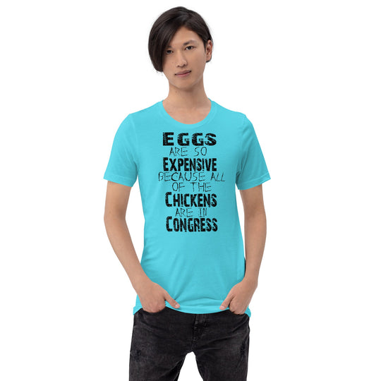 Black unisex Congress-themed t-shirt with humorous chicken and egg quote.