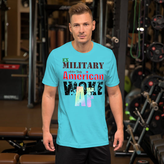 Ex Military Woke AF unisex t-shirt in gym setting, blue color.